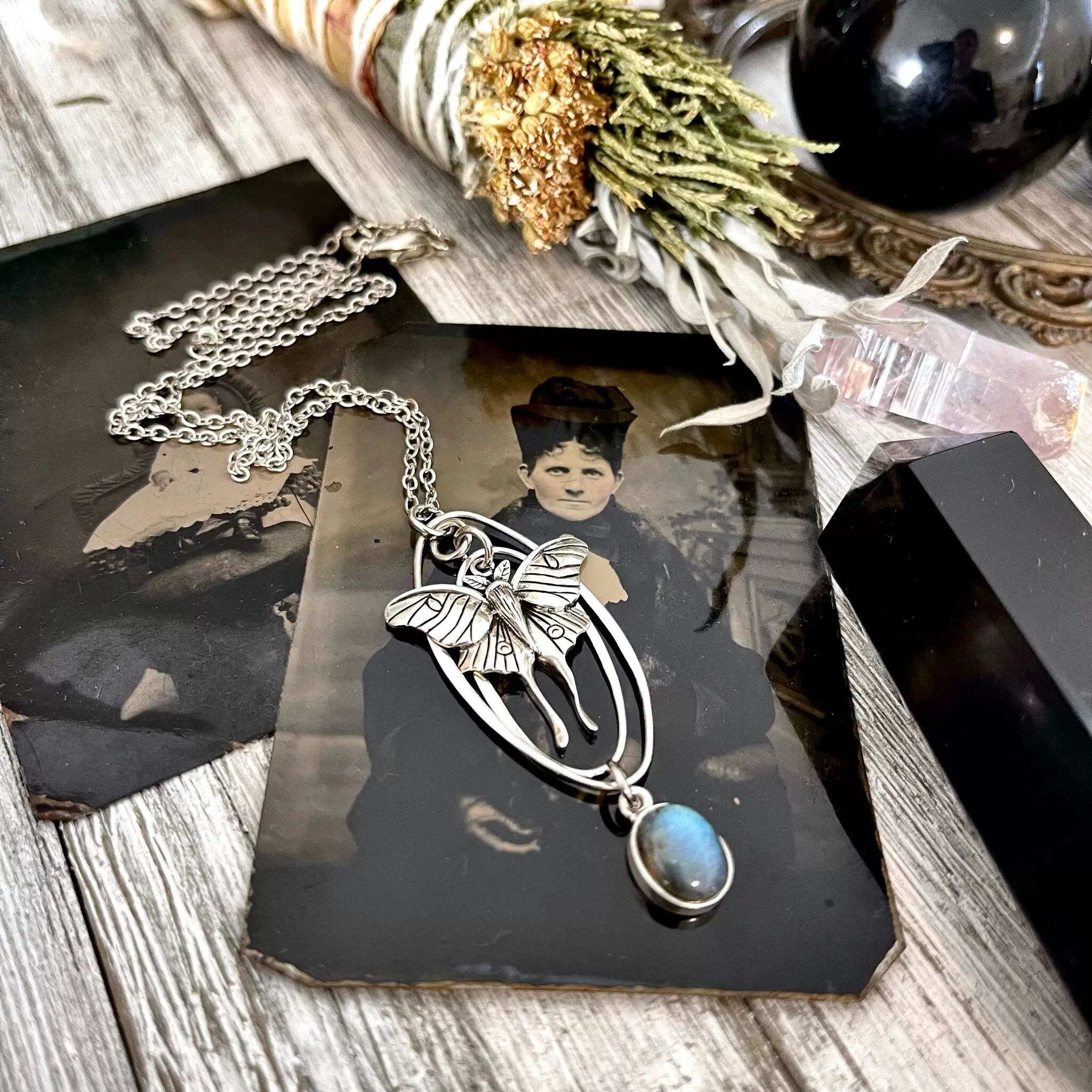 Luna Moth and Labradorite Talisman Necklace / Talisman Collection - Sterling Silver