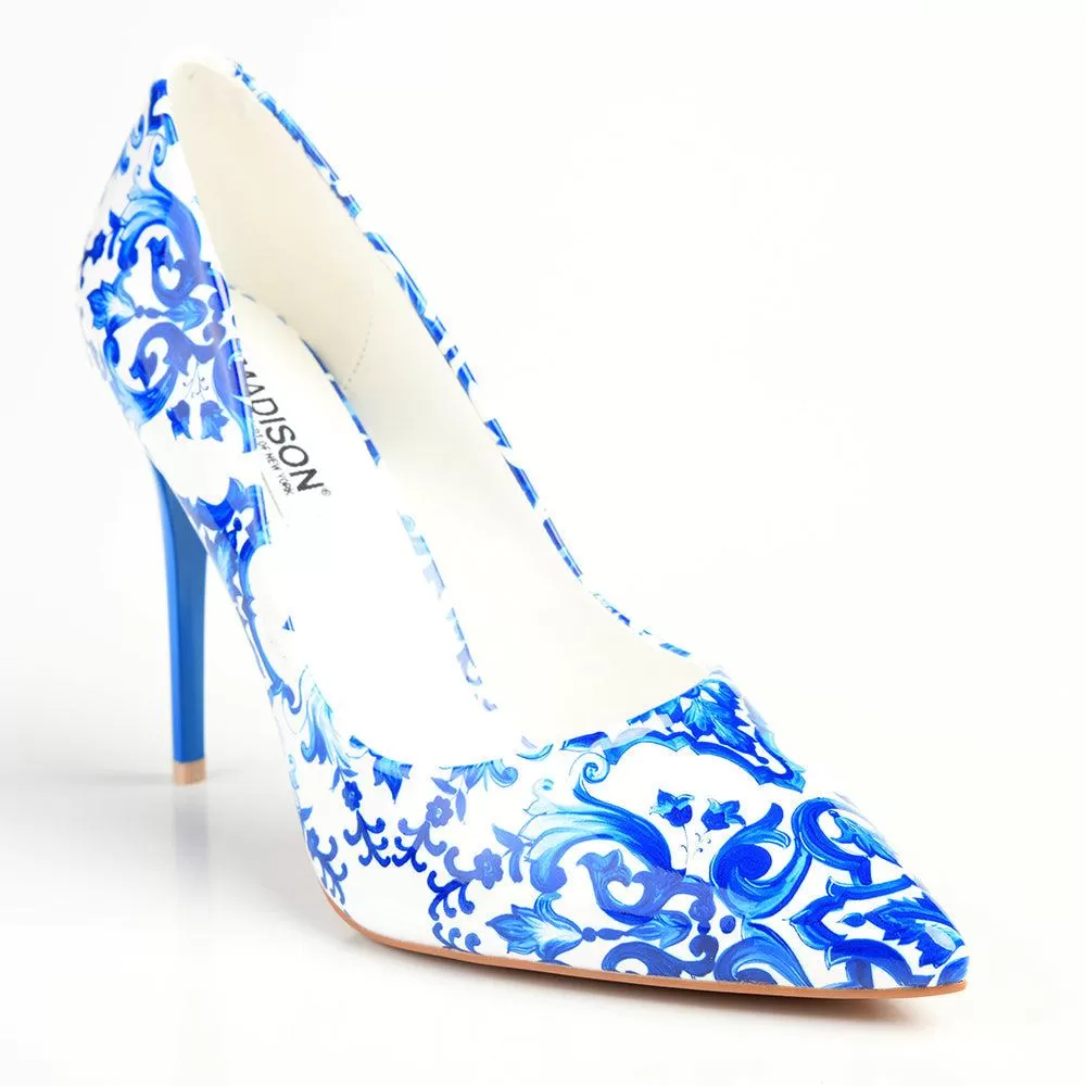 Madison Pandora Printed PU High Stilletto Court - White/Blue