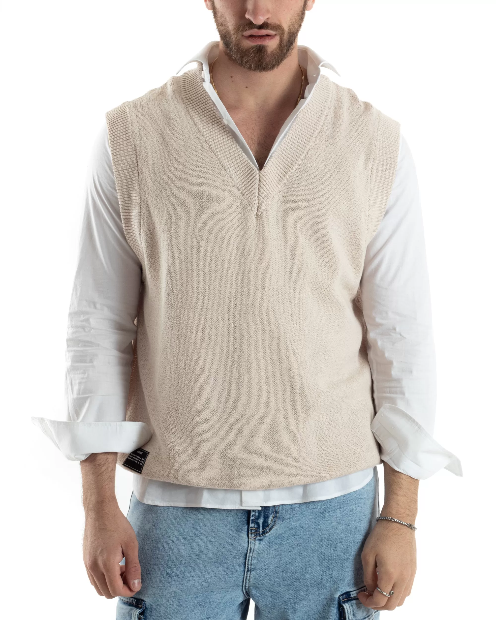 Maglia Gilet Uomo Maglioncino Scollo V Smanicato Basic Casual Tinta Unita Beige GIOSAL-M2828A