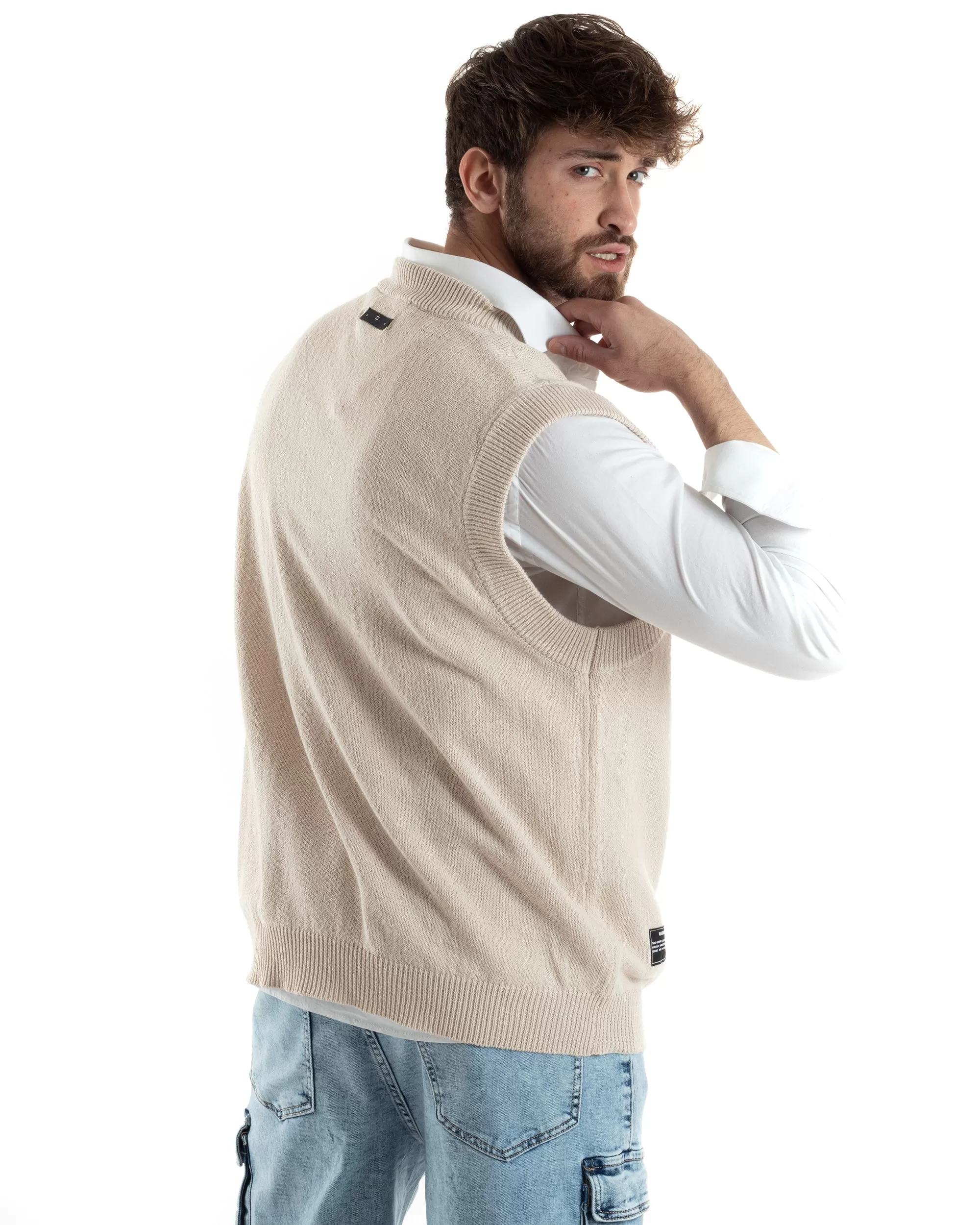 Maglia Gilet Uomo Maglioncino Scollo V Smanicato Basic Casual Tinta Unita Beige GIOSAL-M2828A