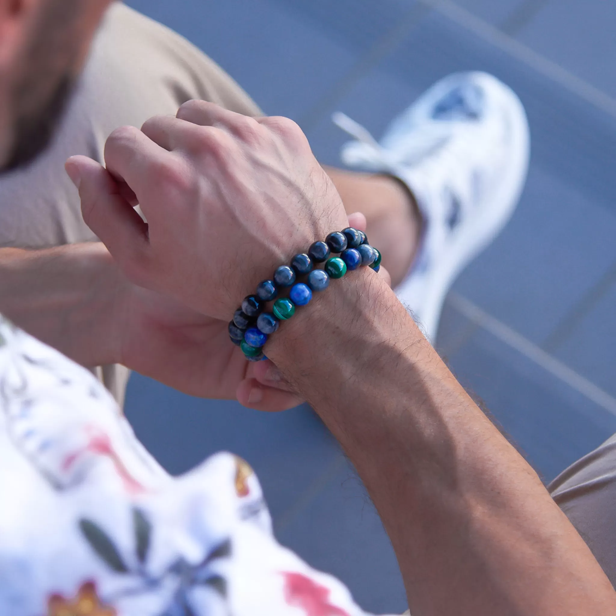 Men's Green Tiger Eye, Lapis, Eagle Eye Beaded Bracelet