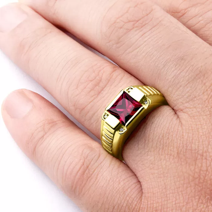 Men's Ring Natural Diamonds and Red Ruby Gemstone in 10K Yellow Gold, Statement Ring for Men