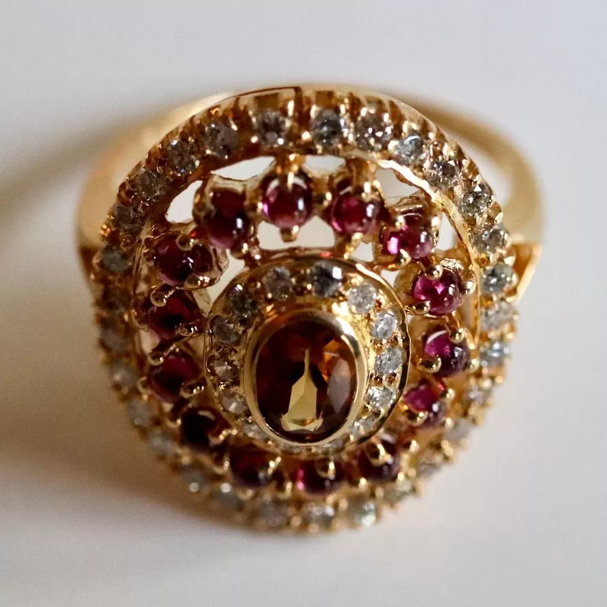 Morgan Le Fay 14k Gold, Citrine, Garnet and Diamond Ring