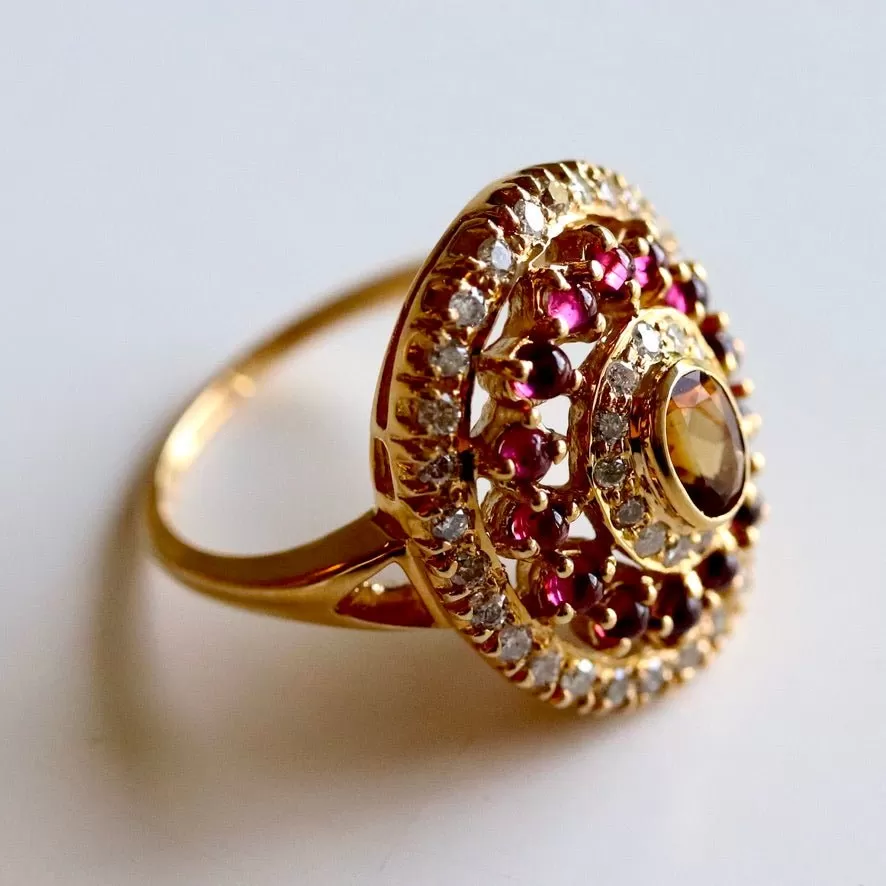 Morgan Le Fay 14k Gold, Citrine, Garnet and Diamond Ring