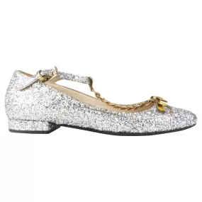 No. 21 Silver Glitter and Gold Metallic Leather Bow Kitten Heel - 39