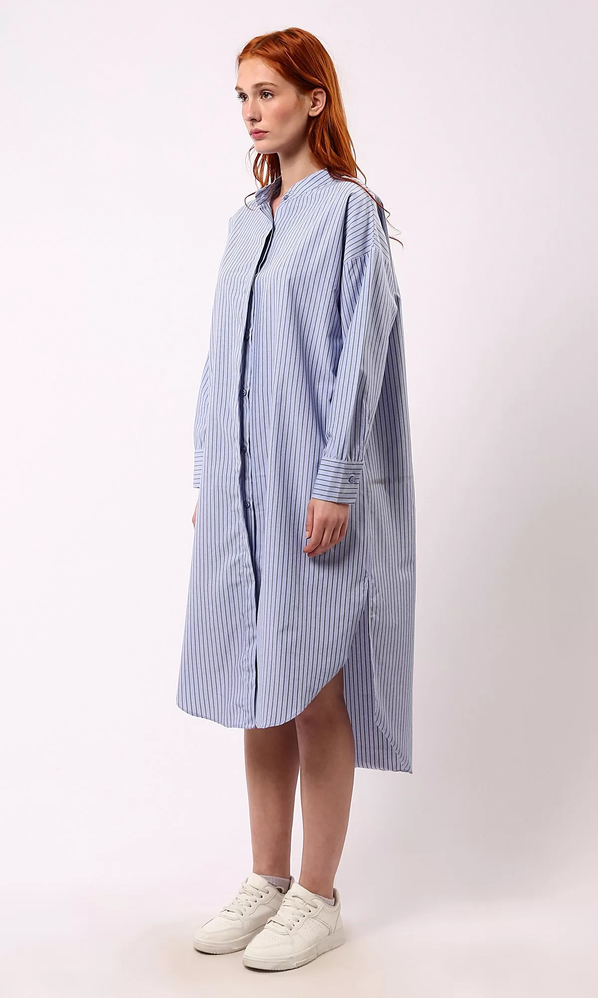 O179190 Light Blue Striped Shirt Dress With Mandarin Collar