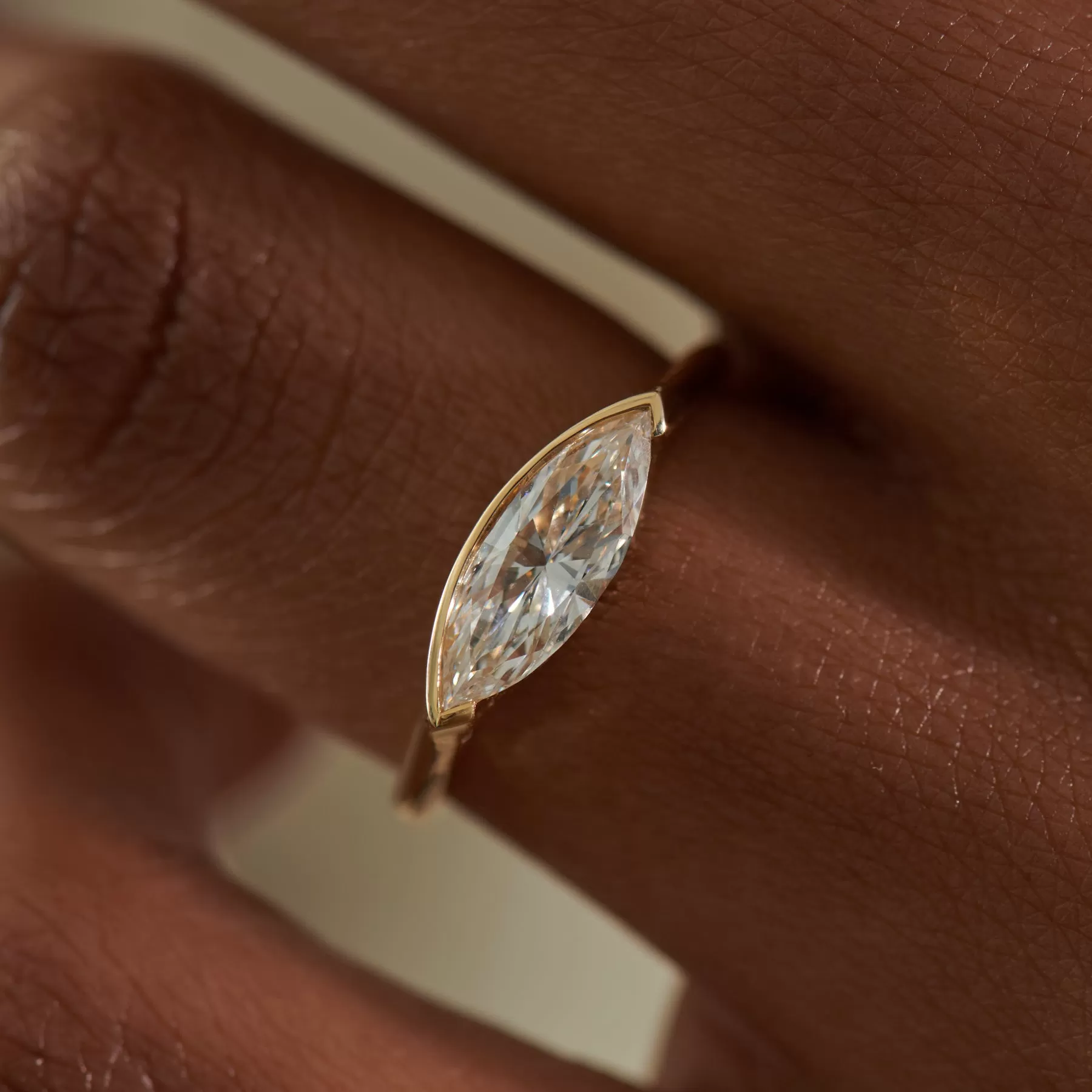 OOAK Stream Long Marquise Diamond & Gold Engagement Ring