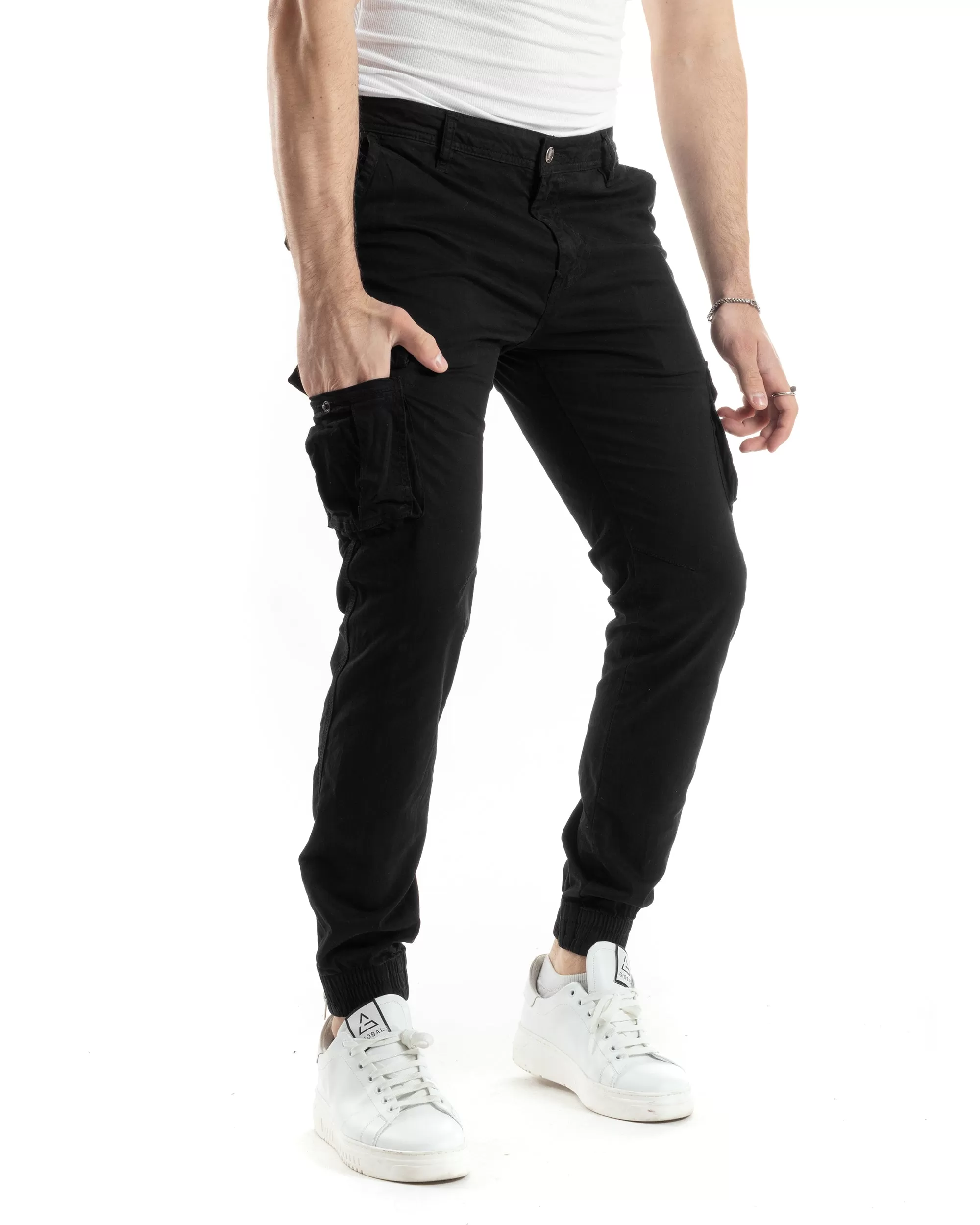 Pantaloni Uomo Cargo Con Tasconi E Zip Multitasche Elastico Al Fondo Nero GIOSAL-P6053A