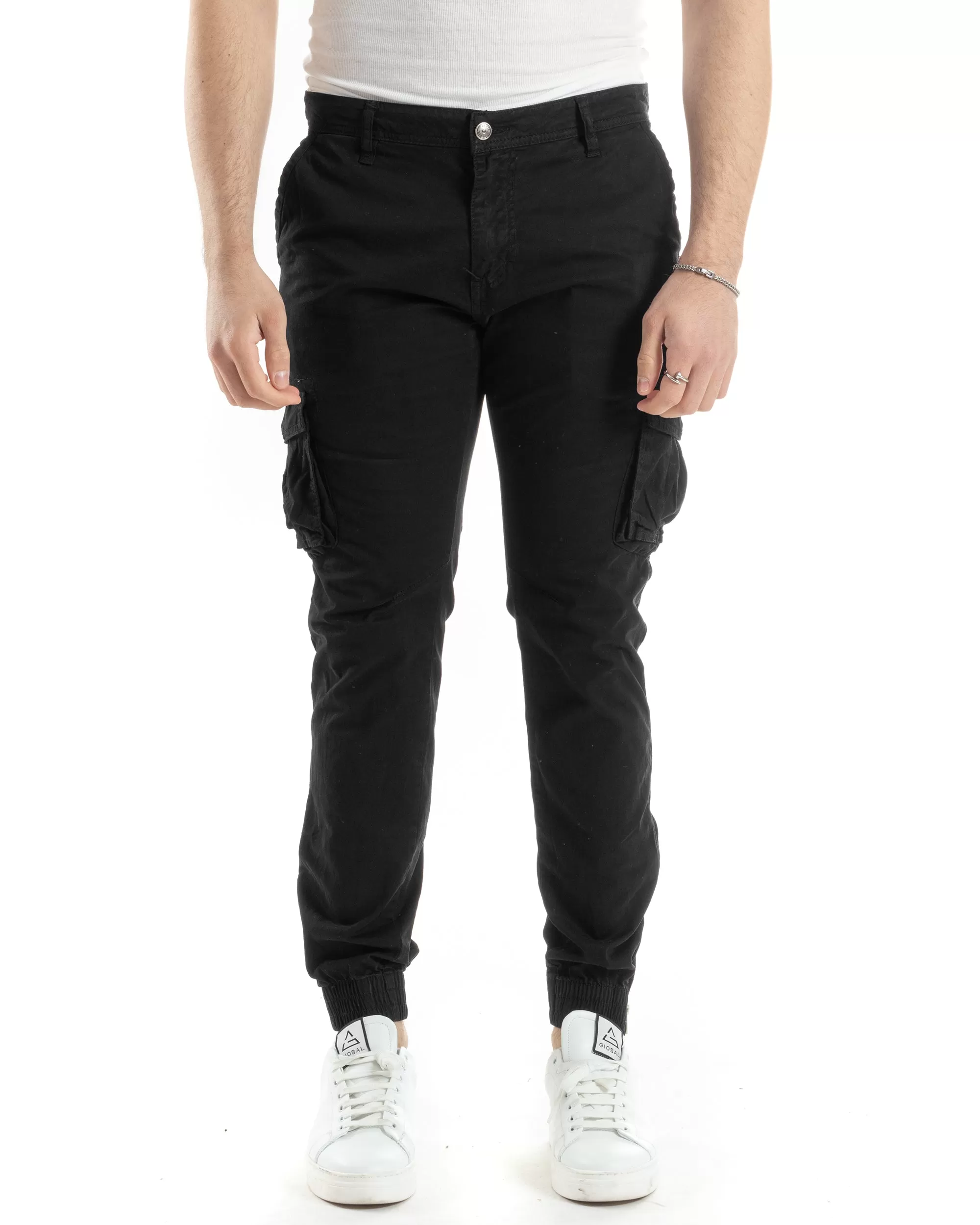 Pantaloni Uomo Cargo Con Tasconi E Zip Multitasche Elastico Al Fondo Nero GIOSAL-P6053A