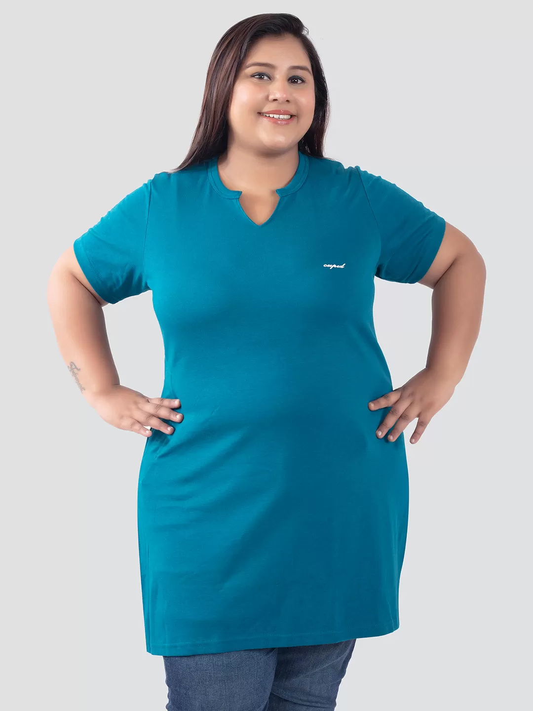 Plus Size Half Sleeves Long Top For Women -Teal Blue