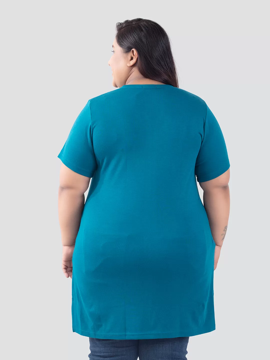 Plus Size Half Sleeves Long Top For Women -Teal Blue