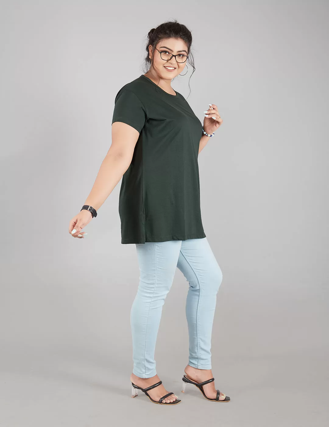 Plus Size Plain Cotton T-Shirt For Women - Bottle Green