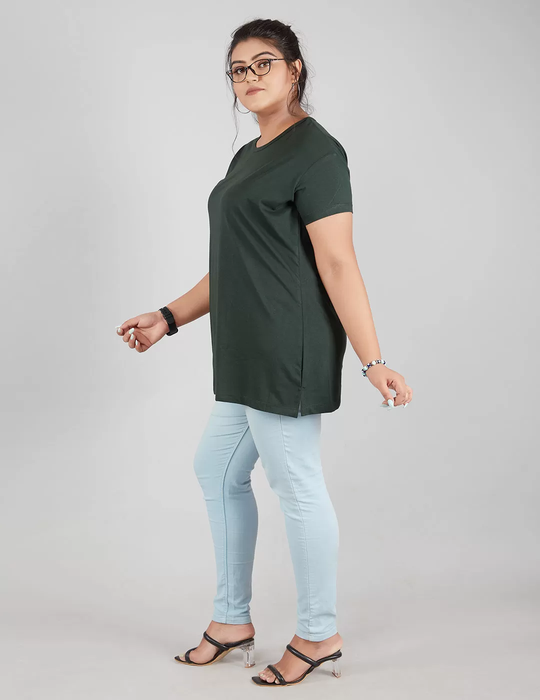 Plus Size Plain Cotton T-Shirt For Women - Bottle Green