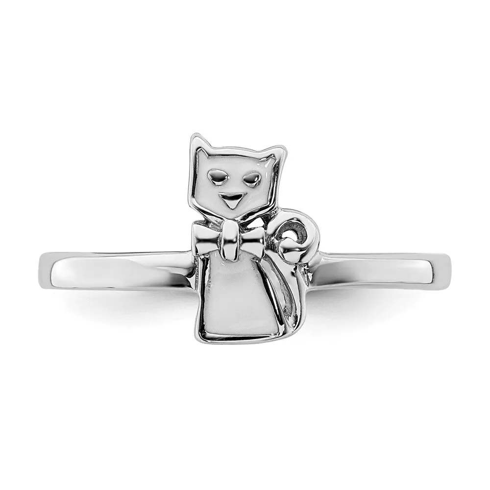 Rhodium-Plated Childs Enameled White Cat Ring in Sterling Silver