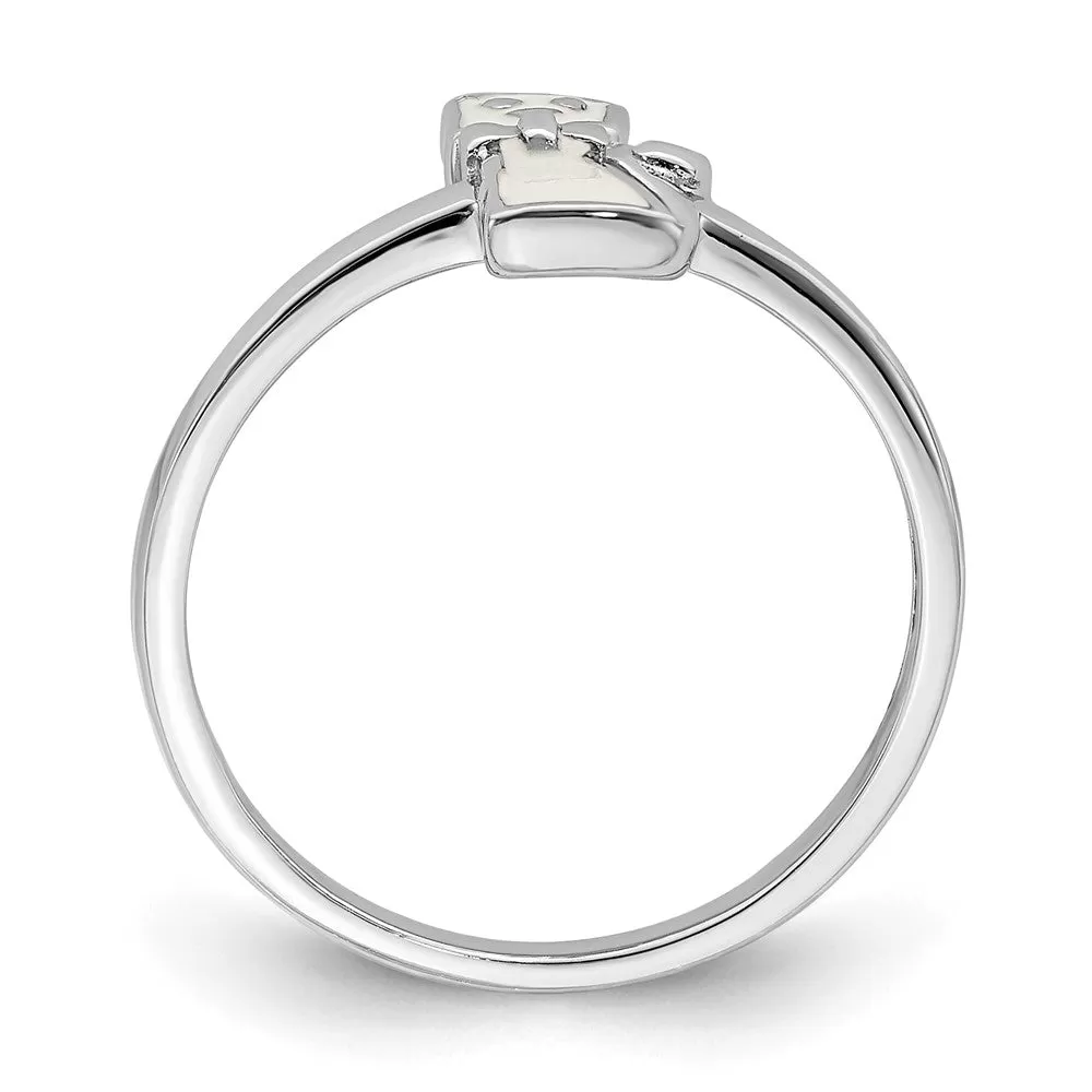 Rhodium-Plated Childs Enameled White Cat Ring in Sterling Silver