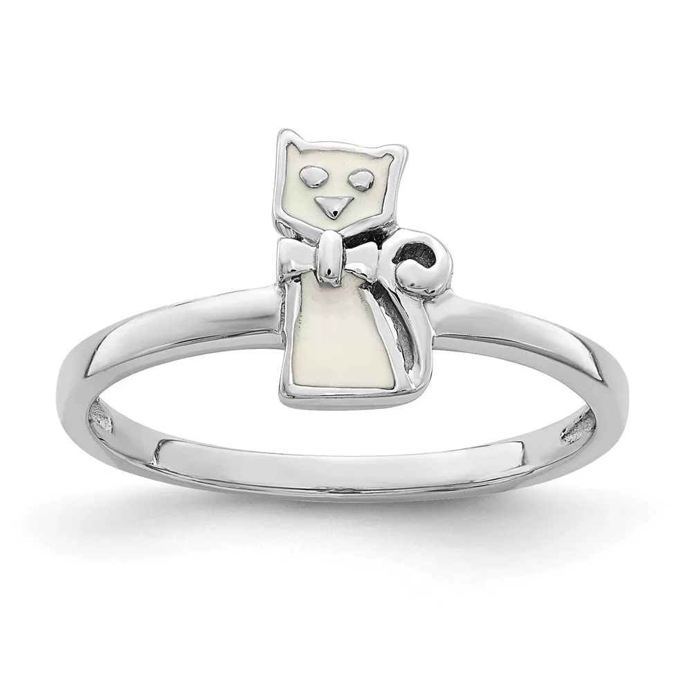 Rhodium-Plated Childs Enameled White Cat Ring in Sterling Silver