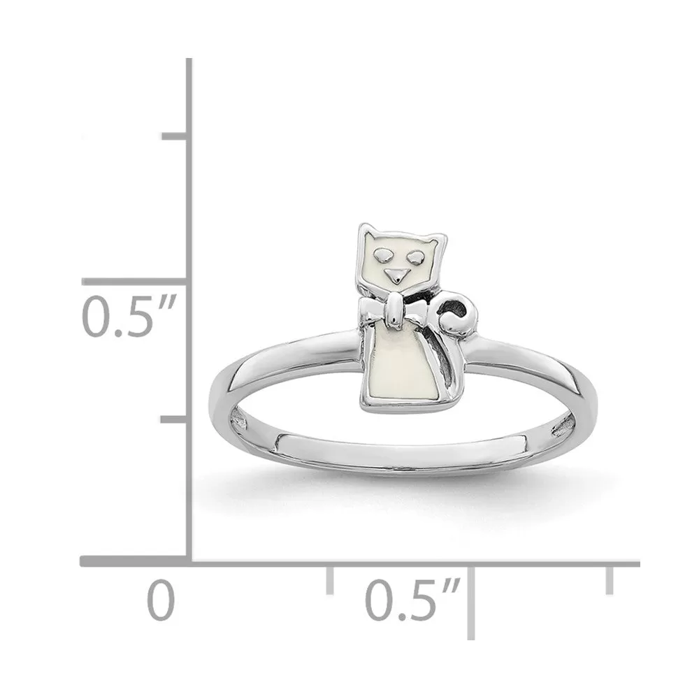 Rhodium-Plated Childs Enameled White Cat Ring in Sterling Silver