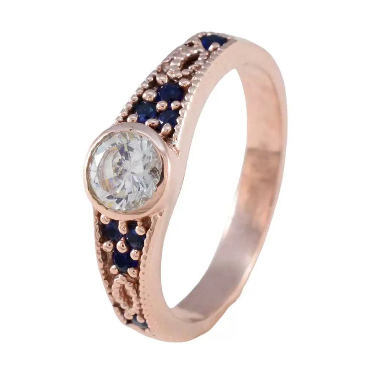 Riyo Adorable Silver Ring With Rose Gold Plating Blue Sapphire CZ Stone Round Shape Bezel Setting Handamde Jewelry New Year Ring