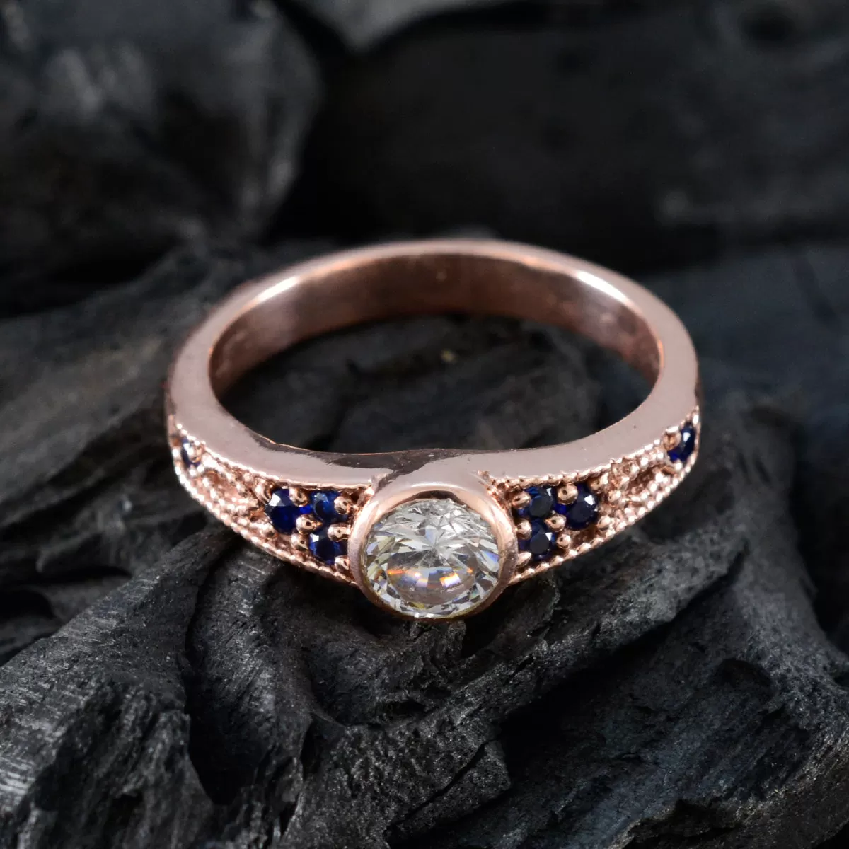 Riyo Adorable Silver Ring With Rose Gold Plating Blue Sapphire CZ Stone Round Shape Bezel Setting Handamde Jewelry New Year Ring