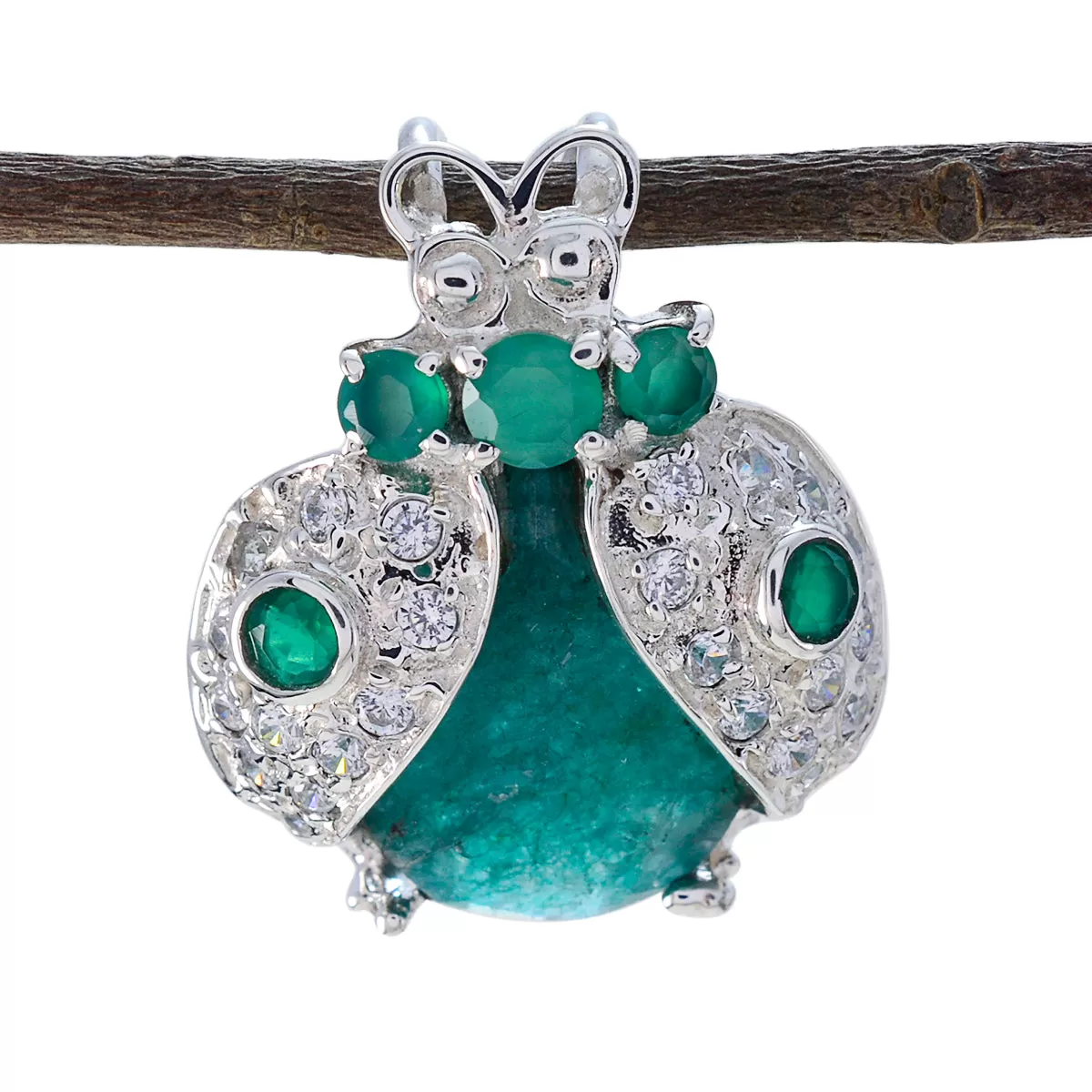 Riyo Bonny Gems Multi Faceted Green Indian Emerald Solid Silver Pendant Gift For Good Friday