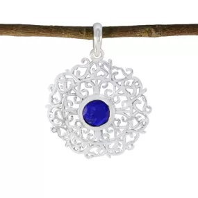 Riyo Fit Gems Round Faceted Blue Indian Sapphire Silver Pendant Gift For Boxing Day