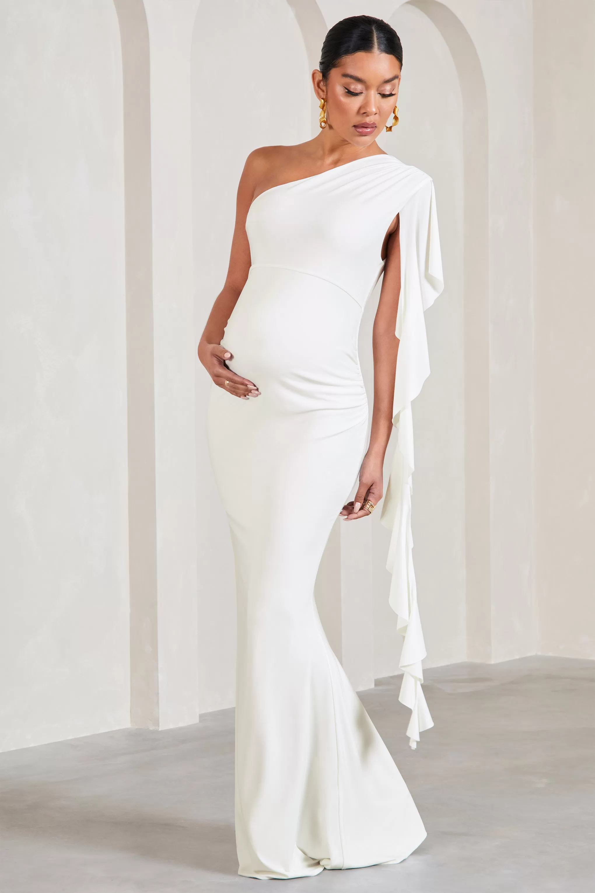 Rosalie | White One-Shoulder Maternity Maxi Dress With Ruffles