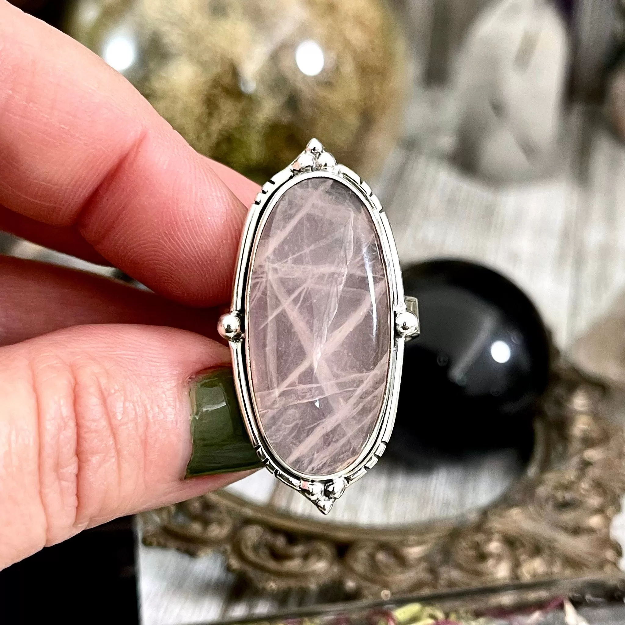 Rose Quartz Oval Crystal Statement Ring in Sterling Silver - Designed by FOXLARK Collection Adjustable to Size 6 7 8 9 | Pink Stone