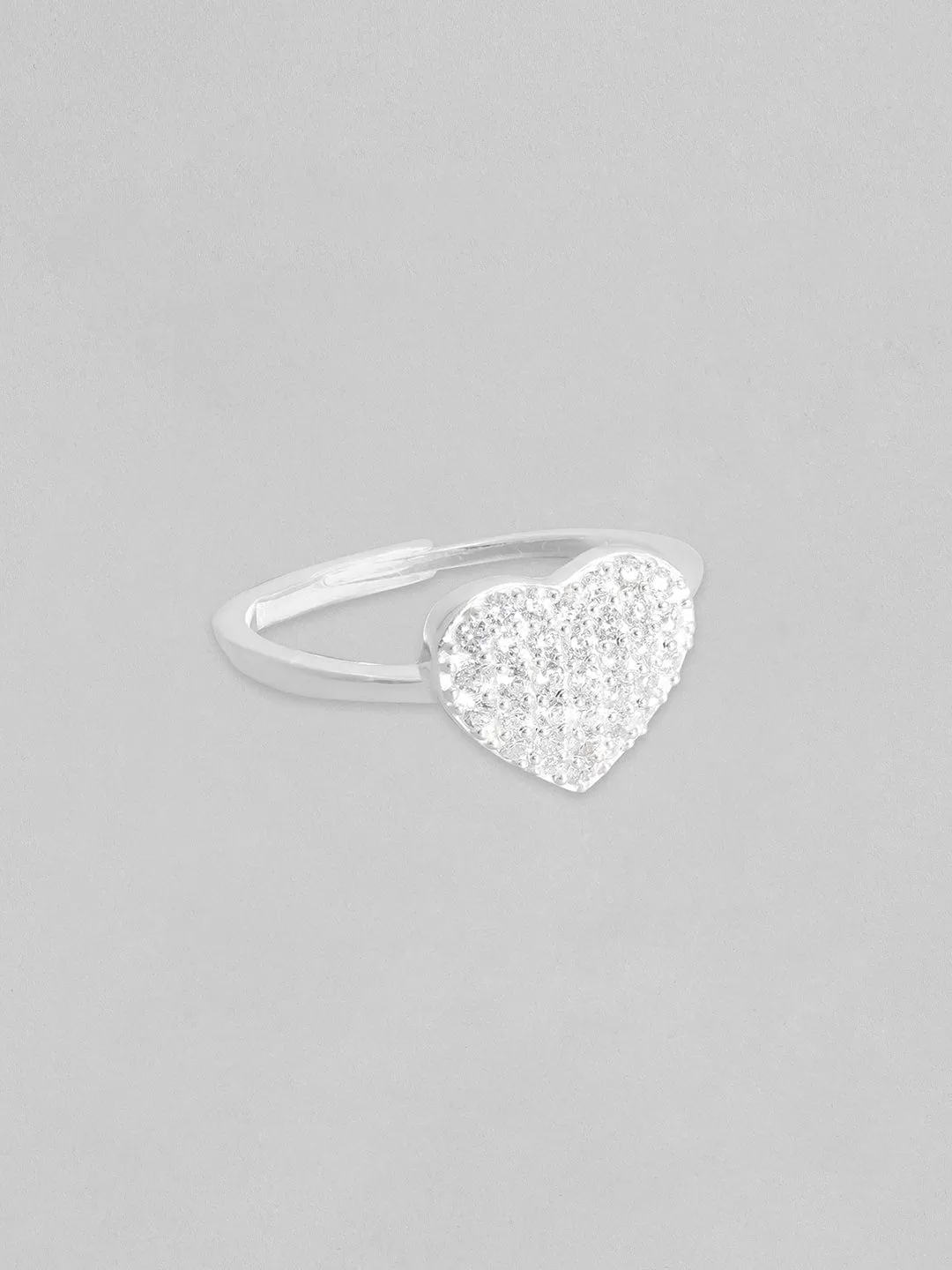 Rubans 925 Silver, Rhodium Plated Pave Studded Zircons Minimal Heart Motif Ring.