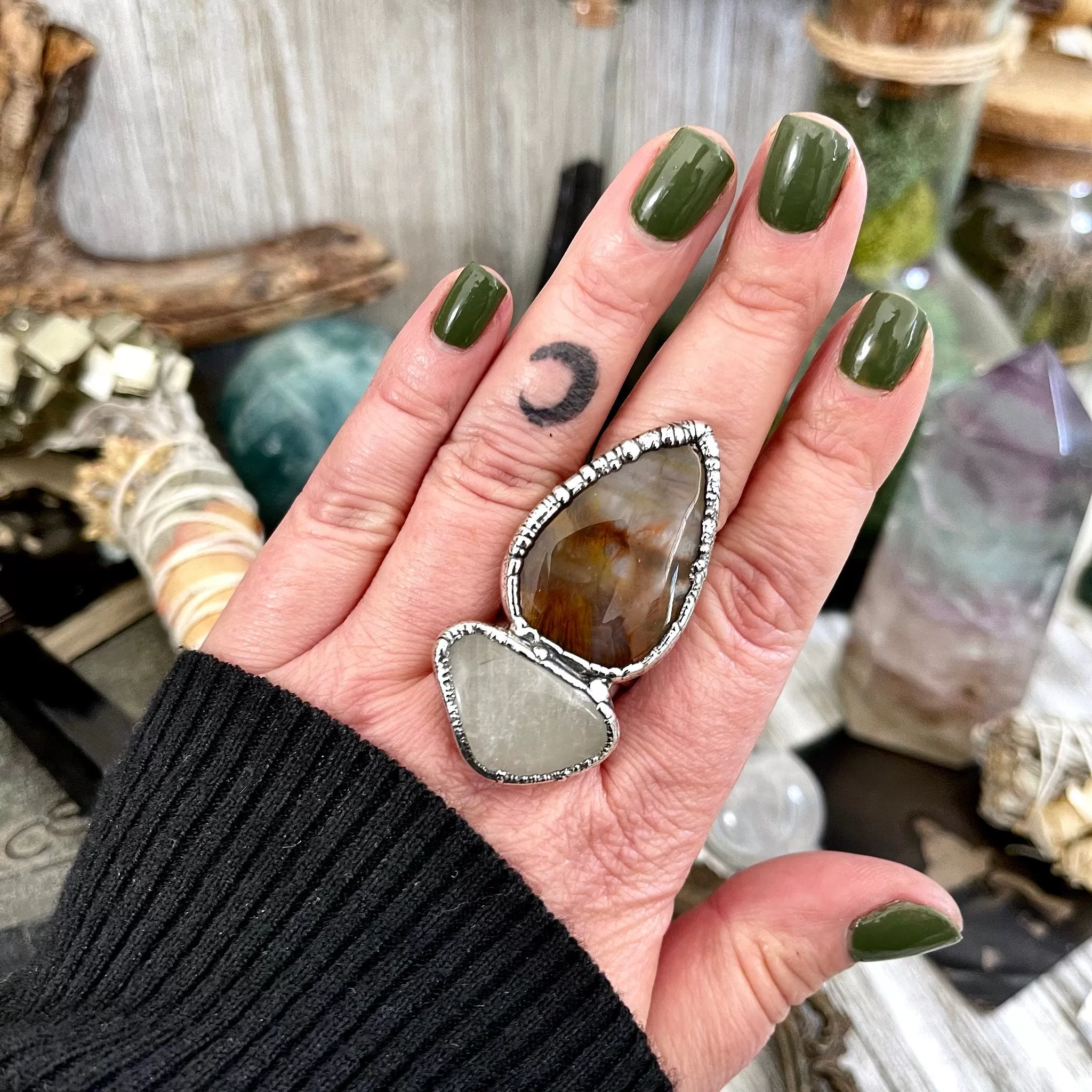 Size 10 Two Stone Ring- Fancy Moss Agate Clear Quartz Crystal Ring Fine Silver / Foxlark Collection - One of a Kind