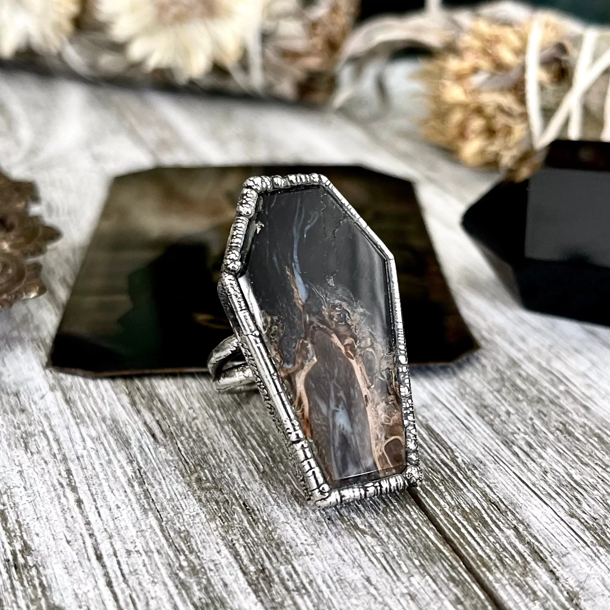 Size 7  Fossilized Palm Root Coffin Statement Ring in Fine Silver / Foxlark Collection - One of a Kind