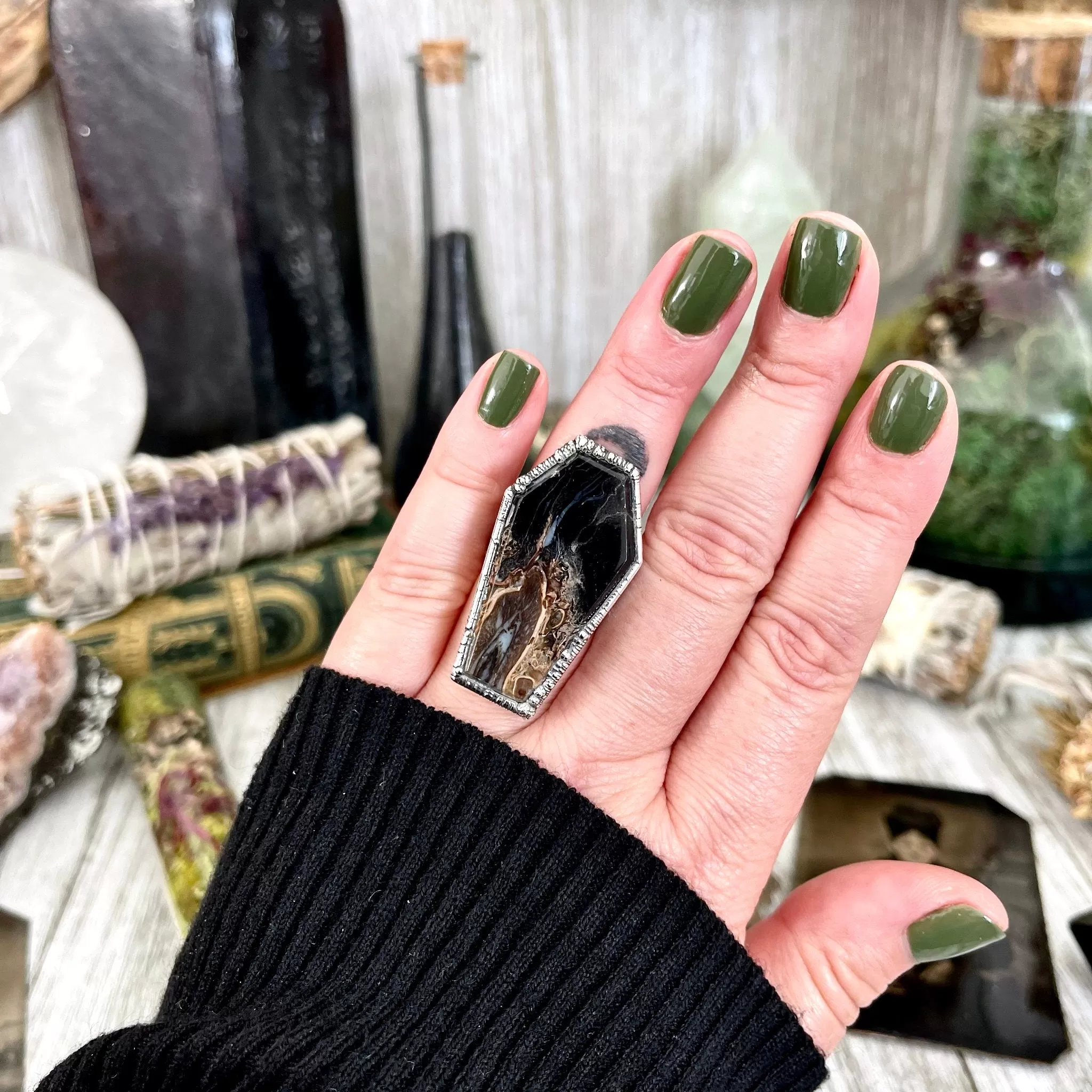 Size 7  Fossilized Palm Root Coffin Statement Ring in Fine Silver / Foxlark Collection - One of a Kind