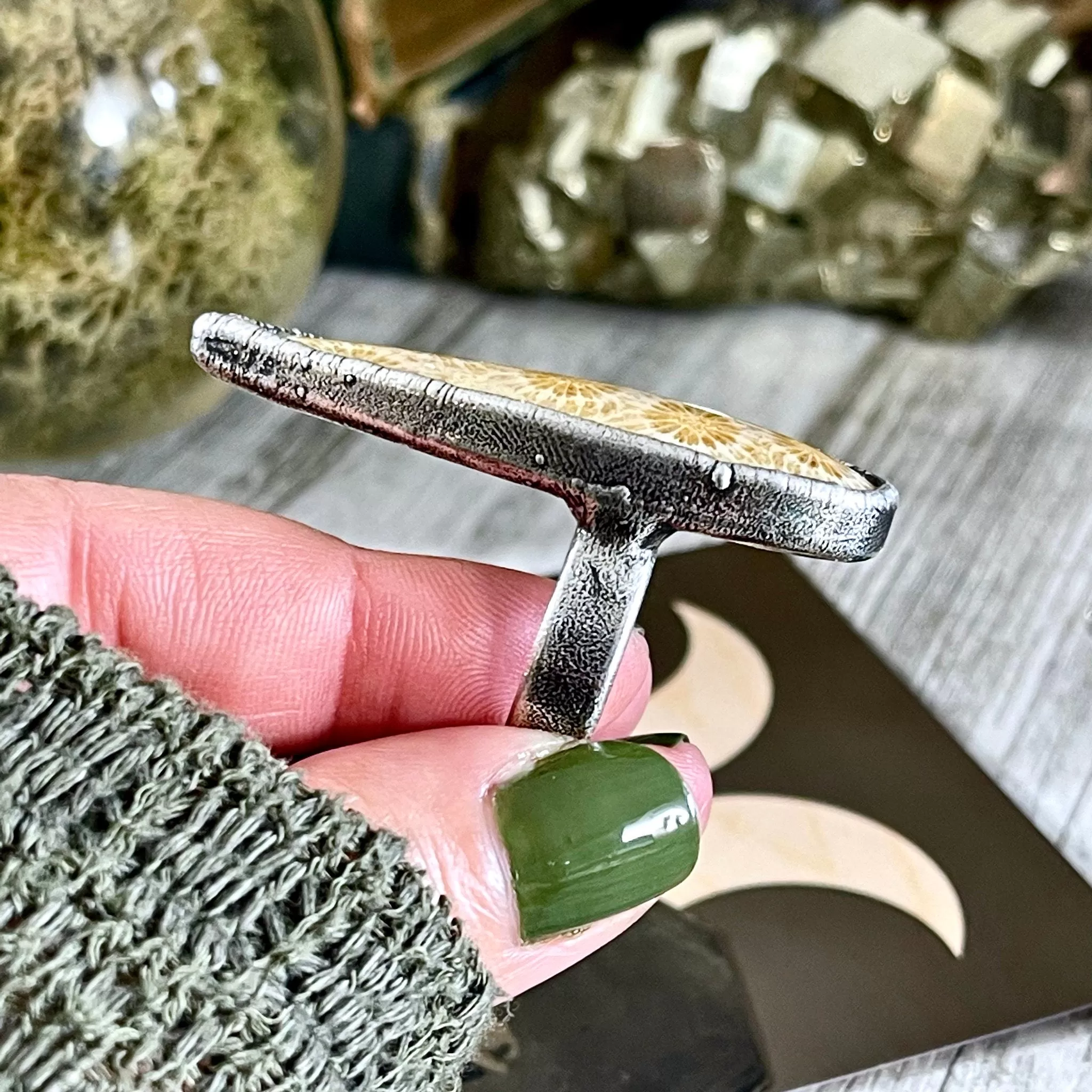 Size 8 Fossilized Coral Silver Statement Ring / Foxlark Collection - One of a Kind