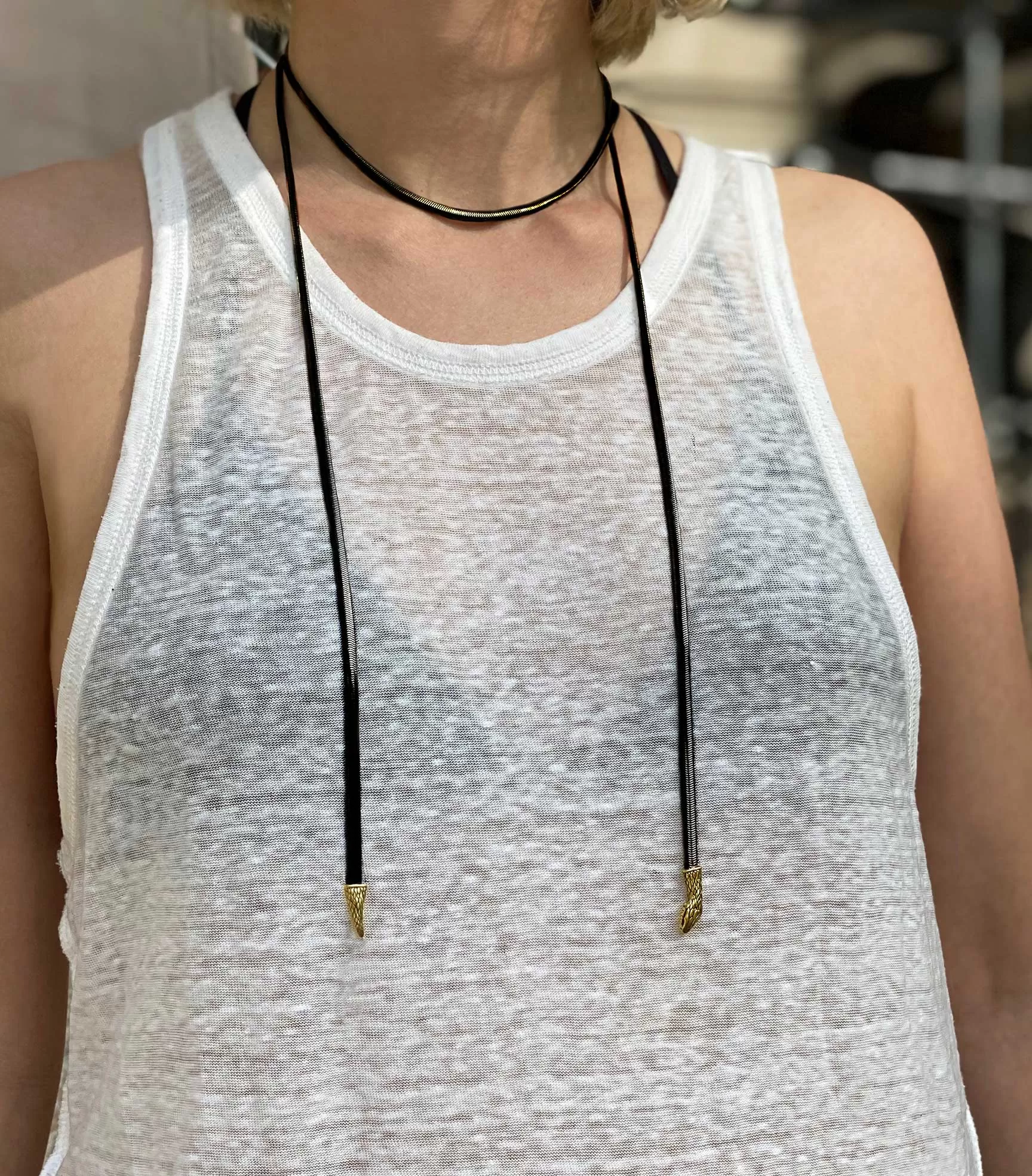 Snake Lariat Necklace in gold & black