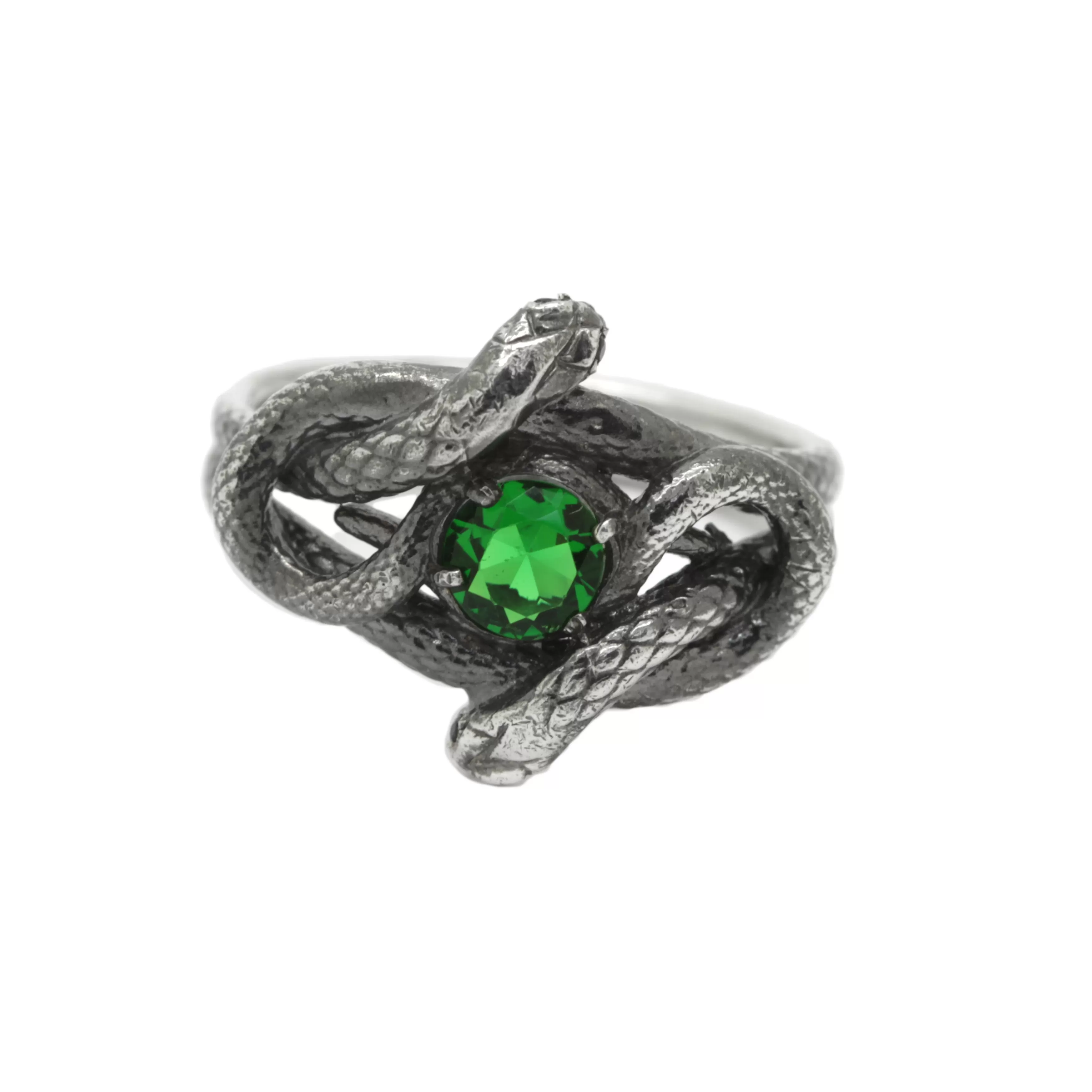 Snakes Knot with Green Gemstone, Women Sterling Silver Ring