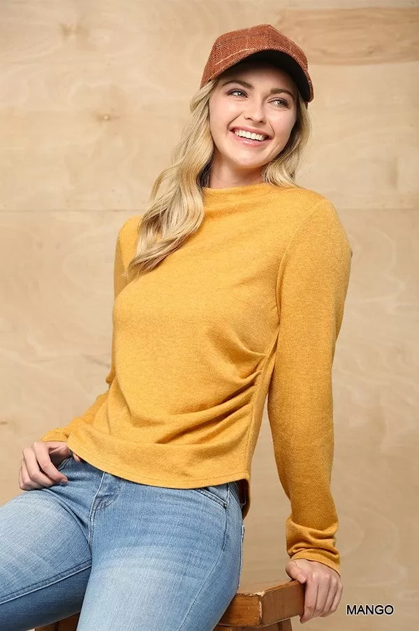 Solid And Cozy Soft Knit Mock Neck Top With Side Ruched Detail