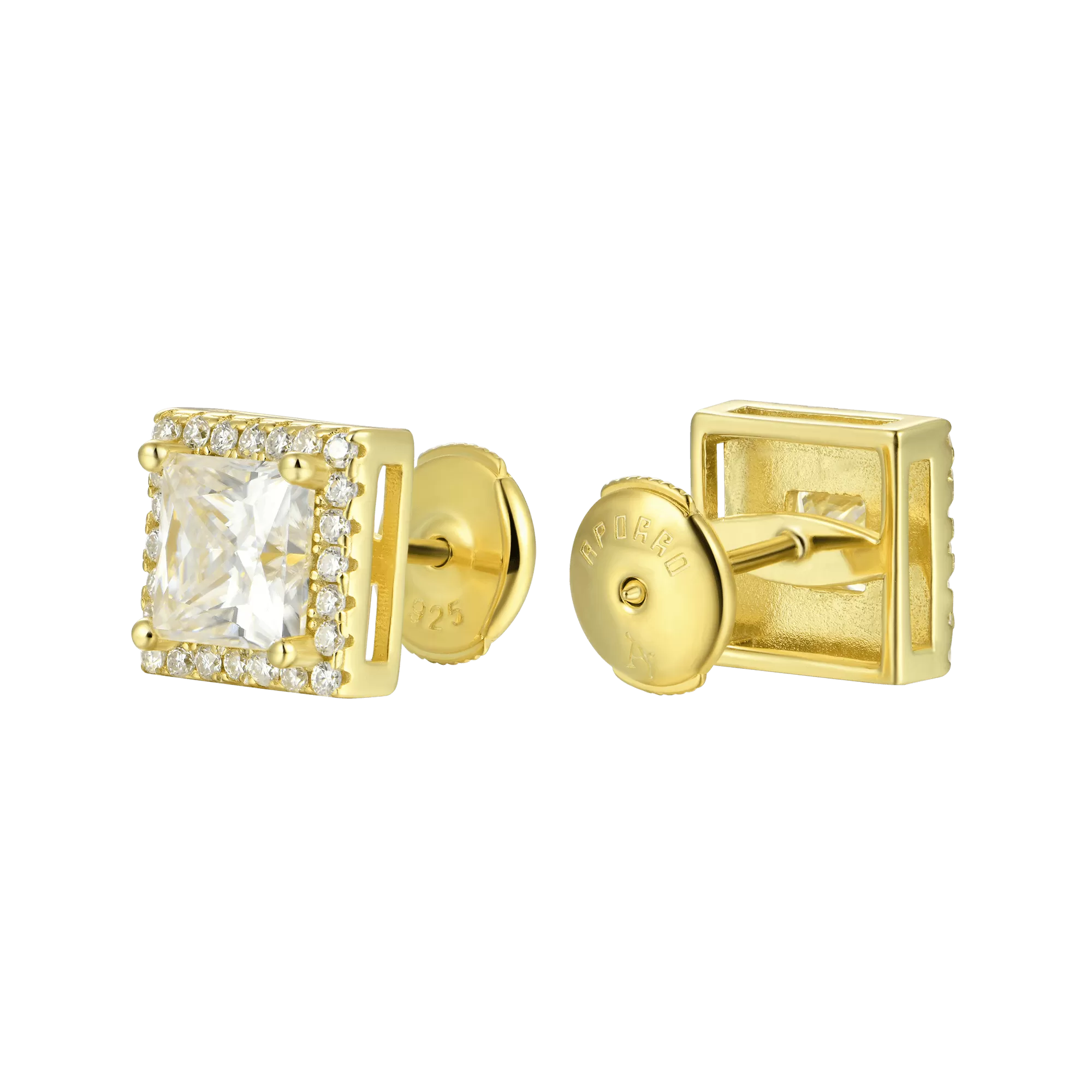 Solid Gold Halo Princess Cut Stud Earring