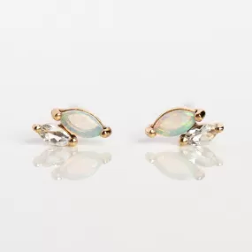 Solid Gold Opal and White Topaz Marquise Studs