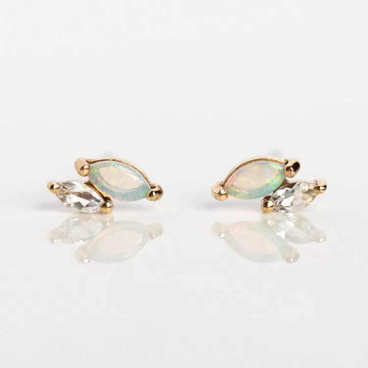 Solid Gold Opal and White Topaz Marquise Studs