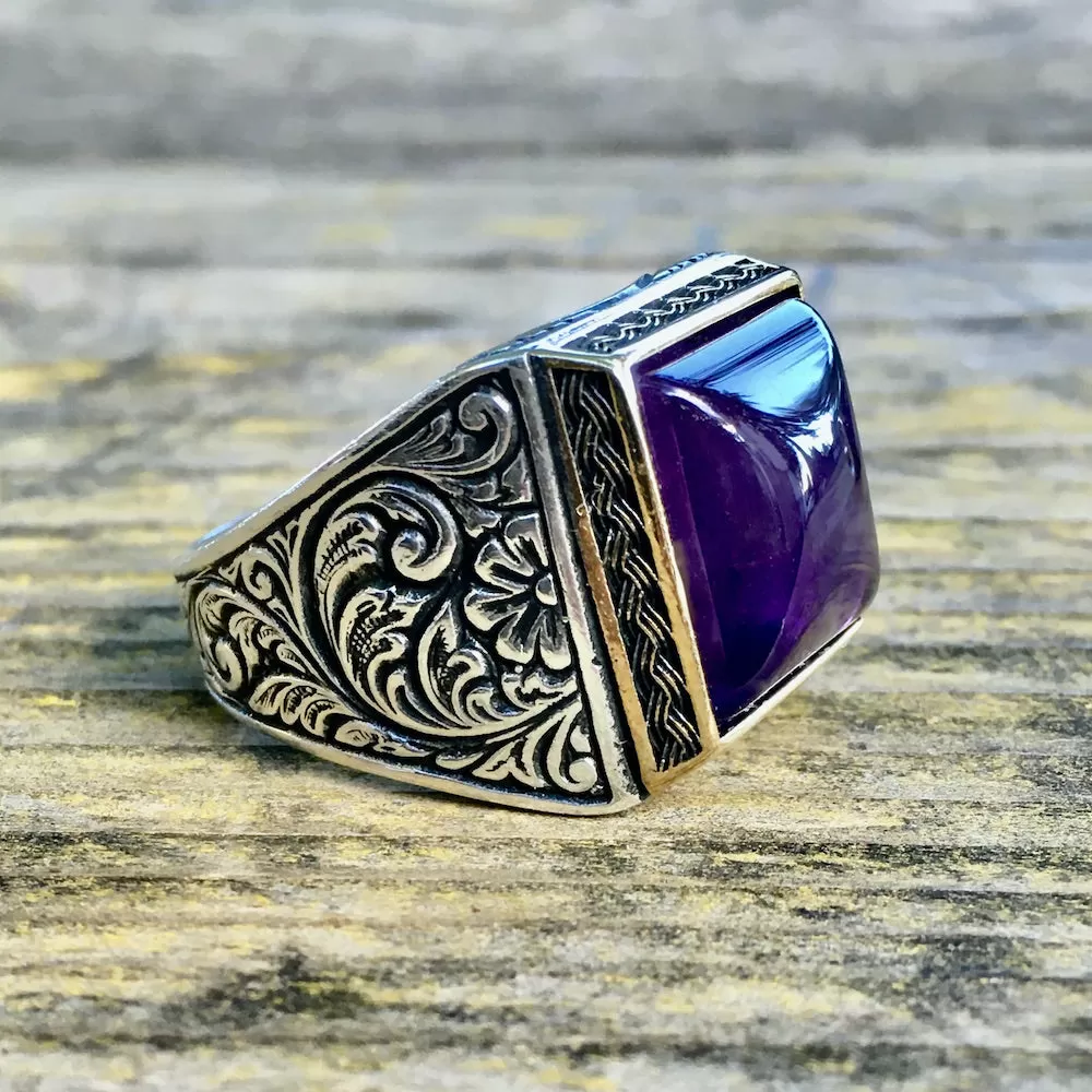 Sterling Silver Amethyst Mens Ring Handmade Jewelry natural sugarloaf cut gemstone