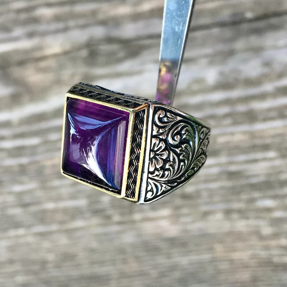 Sterling Silver Amethyst Mens Ring Handmade Jewelry natural sugarloaf cut gemstone