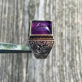 Sterling Silver Amethyst Mens Ring Handmade Jewelry natural sugarloaf cut gemstone