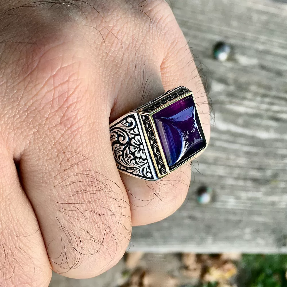 Sterling Silver Amethyst Mens Ring Handmade Jewelry natural sugarloaf cut gemstone