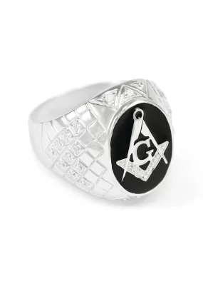 Sterling Silver Masonic Ring with Black Enamel and CZs