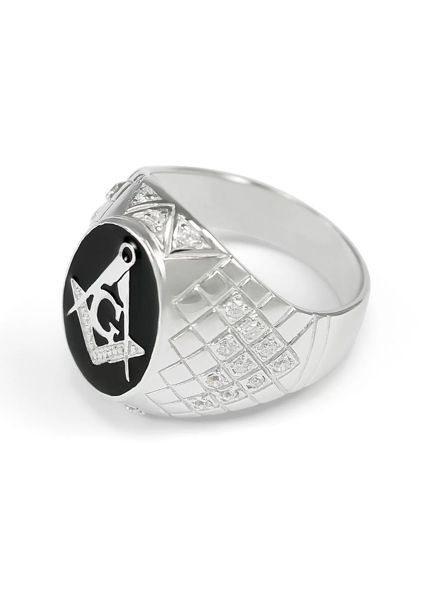 Sterling Silver Masonic Ring with Black Enamel and CZs