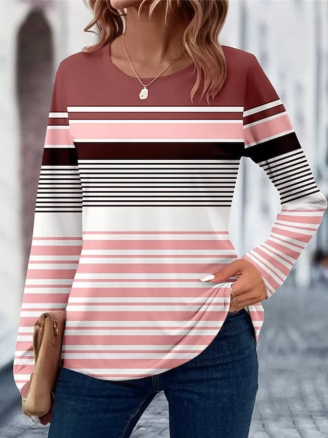 Striped Print Women's Long Sleeve T-shirt for Stylish Everyday and Weekend Wear