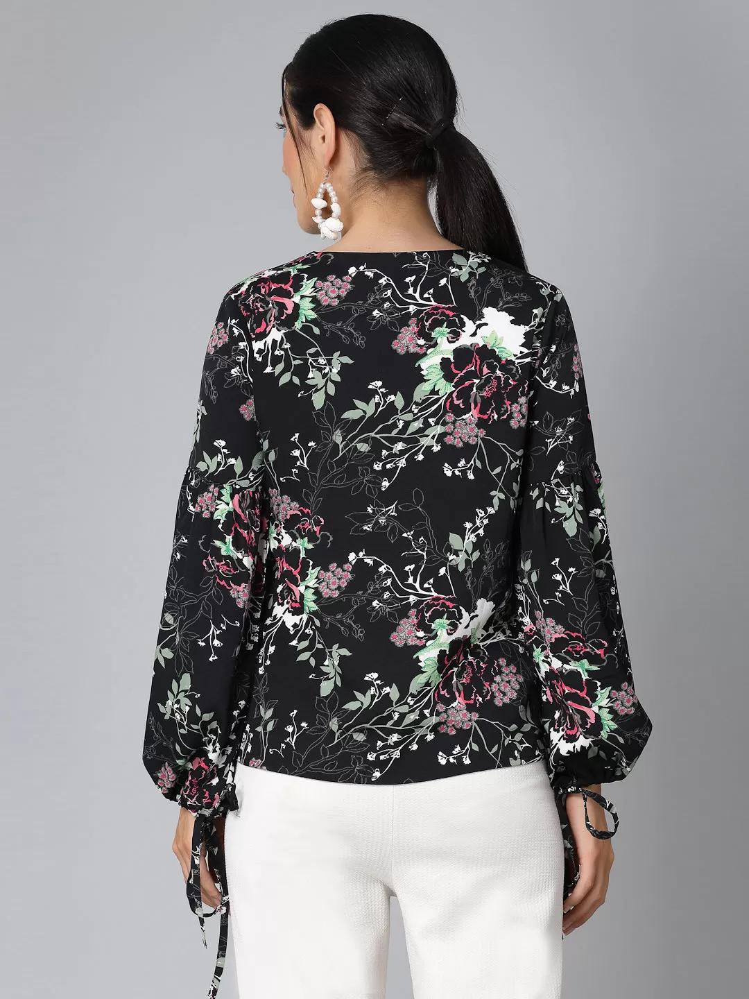 Style Quotient Women Black Floral Polyester Smart Casual Top