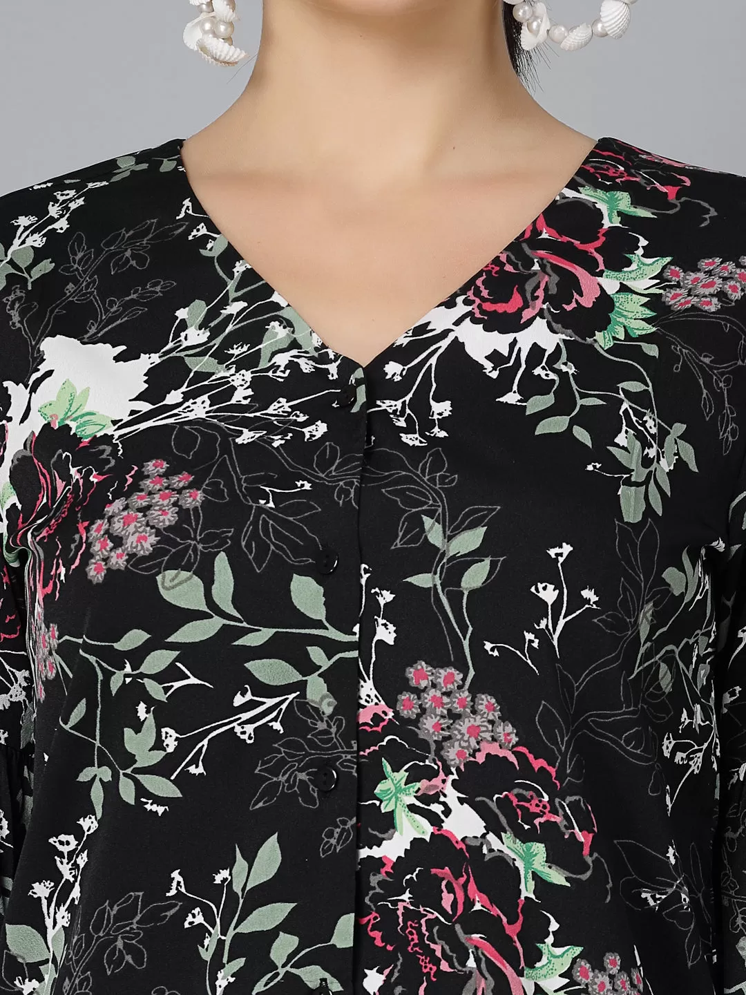 Style Quotient Women Black Floral Polyester Smart Casual Top