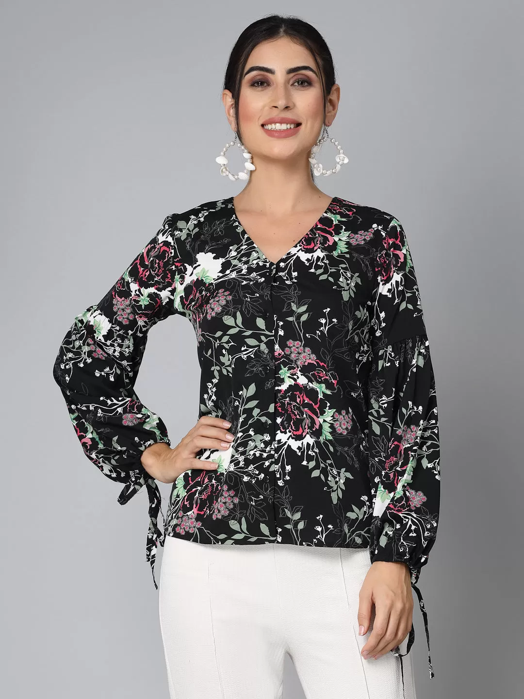 Style Quotient Women Black Floral Polyester Smart Casual Top