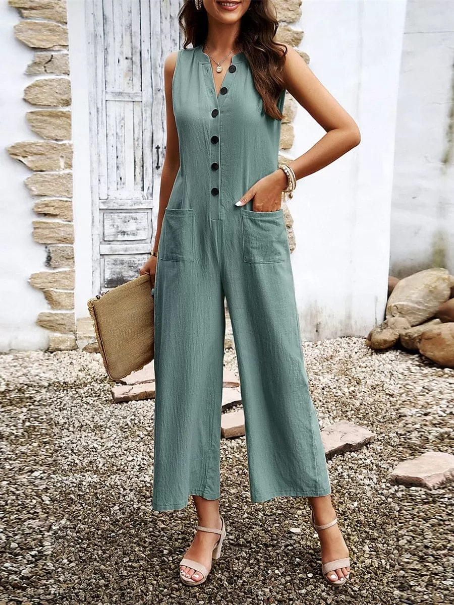 Stylish Women's Sleeveless Jumpsuit with V Neck and Button Pocket