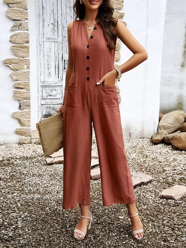 Stylish Women's Sleeveless Jumpsuit with V Neck and Button Pocket